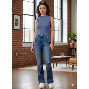 NWT! Sideffects Vtg Mock Neck Beaded Ribbed Top XL Blue Metallic Y2K Sleeveless